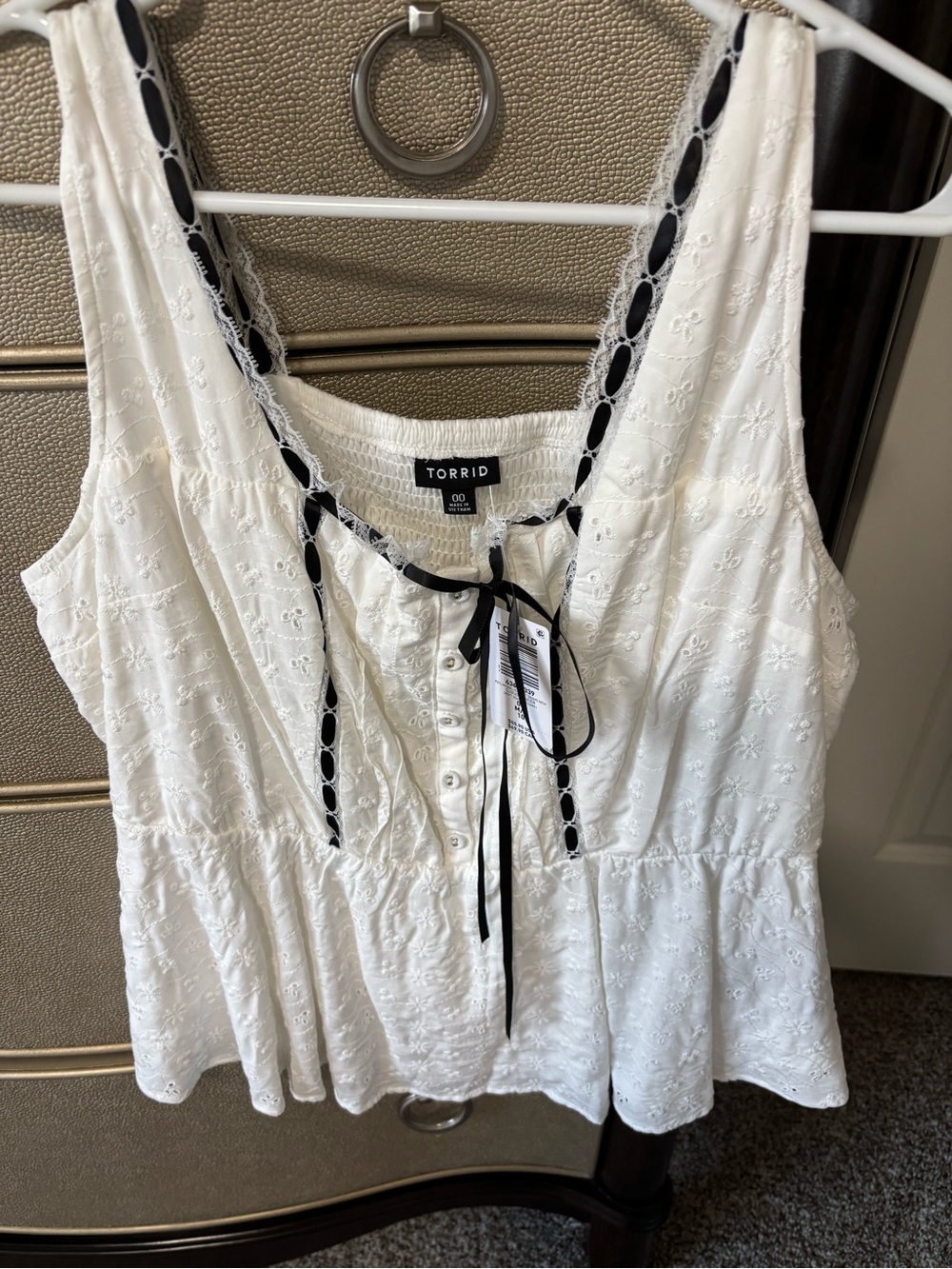 torrid White Eyelet Peplum Tank with Black Ribbon Trim